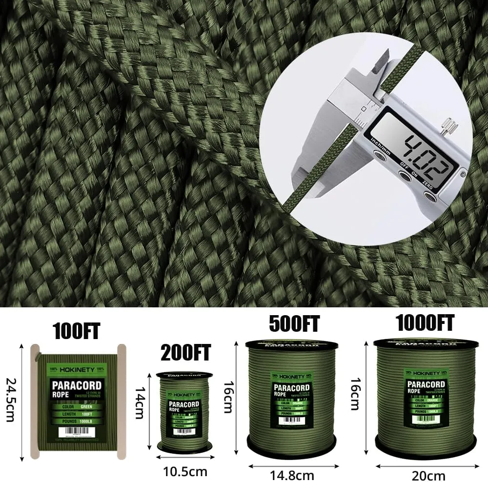 1000Ib Paracord Rope - 100ft / 200ft / 500ft / 1000ft 4mm,12 Strand Parachute Spool Cord,para Cord Lanyard for Camping,Hammock,Clothsline,Hiking,Fishing,Survival braceletand Survival - ArmyGreen 100FT