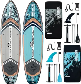 11'x34 Ultra-Wide SUP 2-Board Bundle  420lb Capacity Each, All-Accessory Kit, 100L Backpack (Woodgrain Blue&Gray)