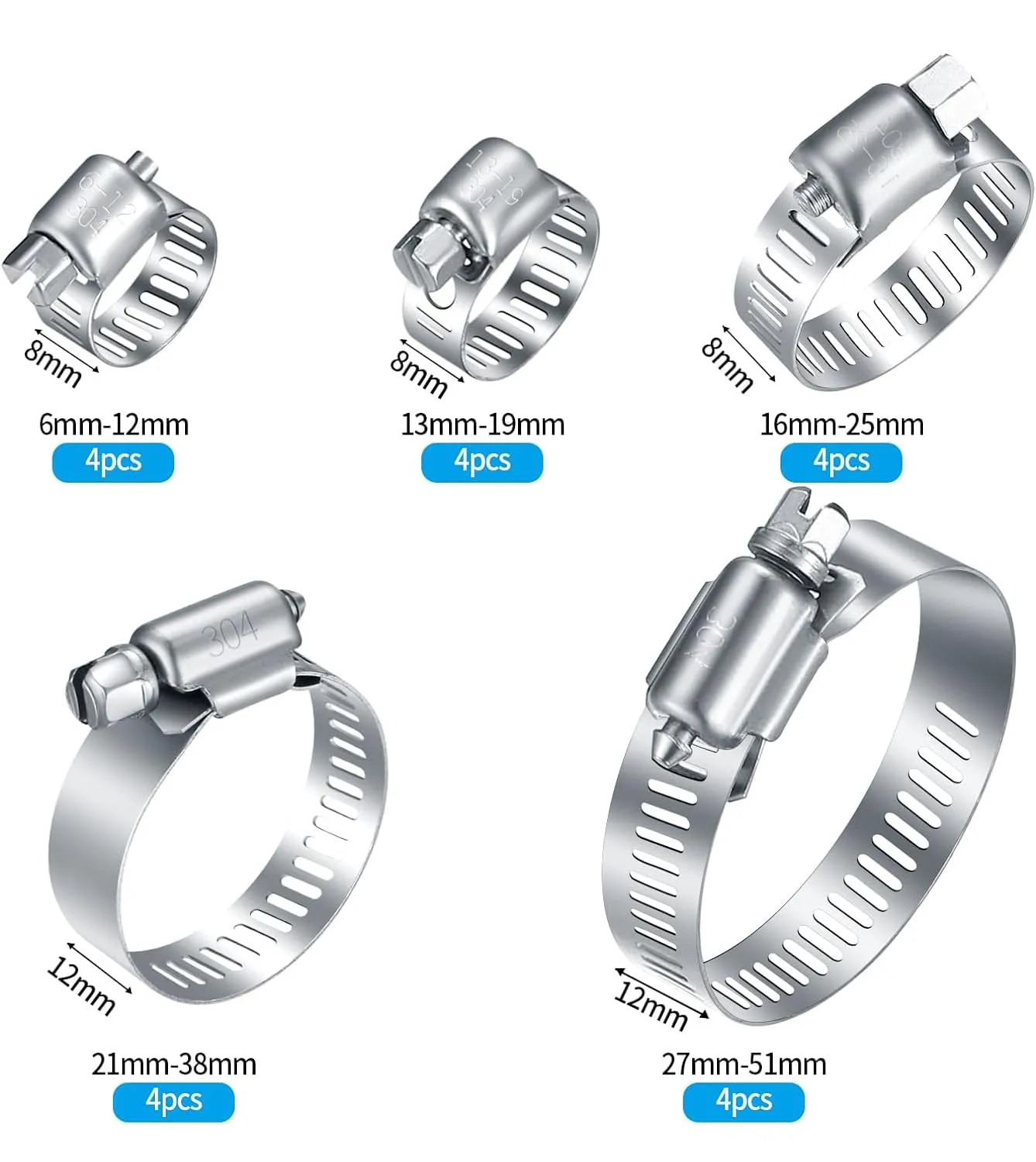 20Pcs Adjustable Stainless Steel Hose Clamps Assortment Kit, 1/4-2 in (6-51mm) Worm Gear Pipe, Fuel LineHeavy Duty for Plumbing, Washing Machine, MechanicalGarden and Automotive Hose Connections