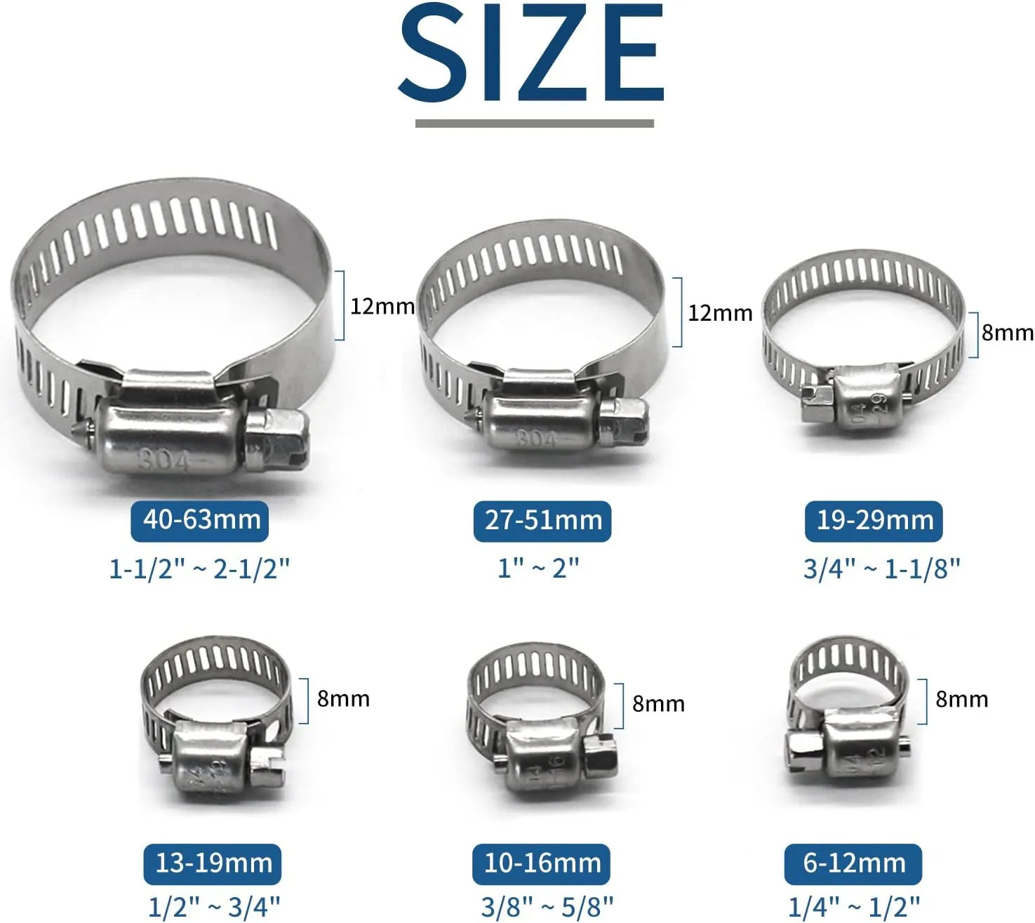 25 Pack Stainless Steel Hose Clamps, 1/2 inch to 3/4 inch Worm Gear Metal Hose Clamps for Pipe, Dryer Repair, Tubing and Fuel Line