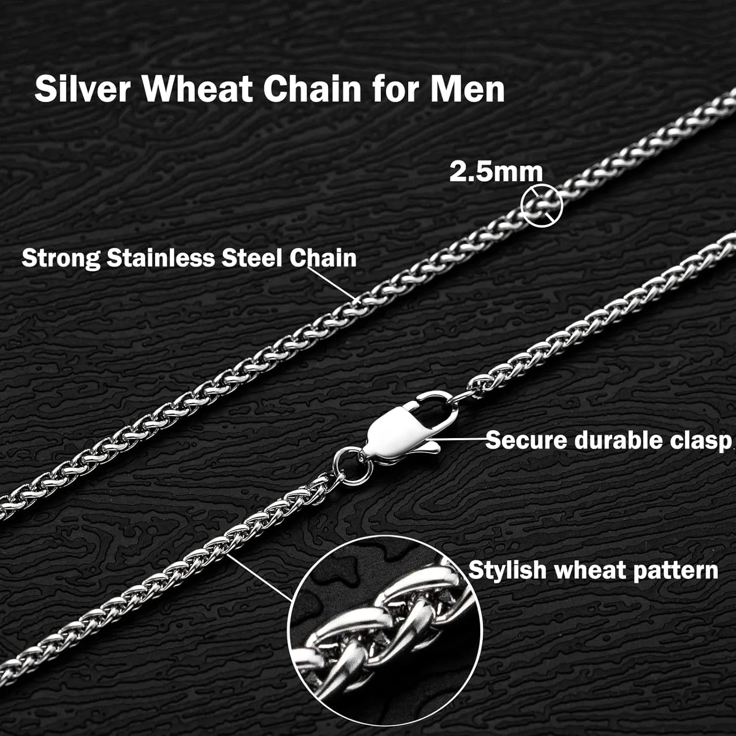 2.5mm/4mm Silver Stainless Steel Wheat Chain Necklace Jewelry for Men