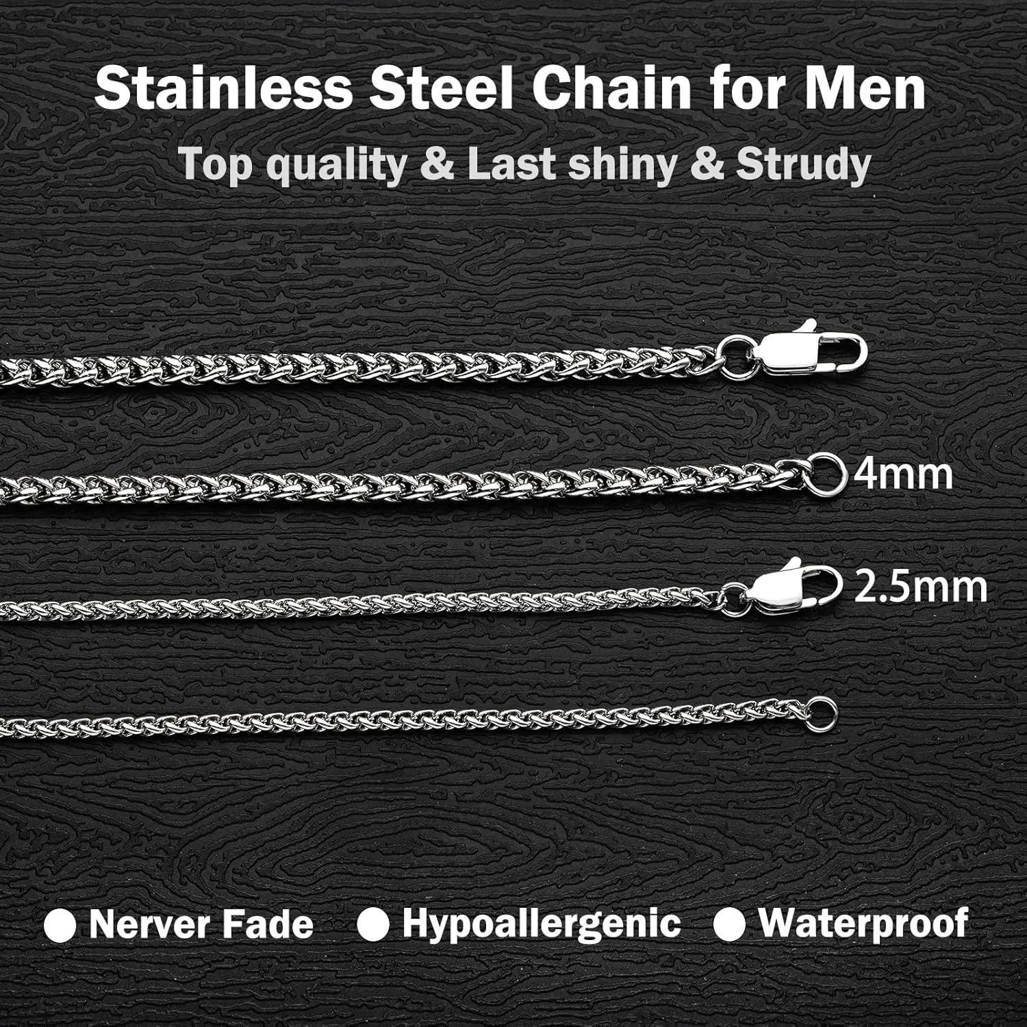 2.5mm/4mm Silver Stainless Steel Wheat Chain Necklace Jewelry for Men