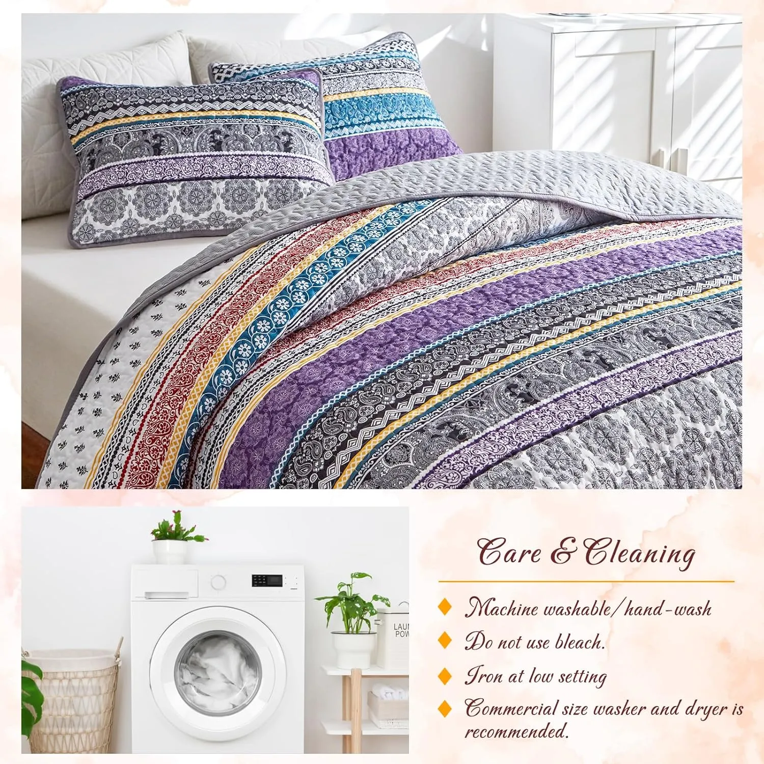 3 Pieces Colorful Bohemian Quilt Set Full Queen Size, Purple n Grey Boho Striped Printed Bedding Bedspread Coverlet Set for Summer, Soft Lightweight Microfiber Quilt with 2 Shams (88x88 inces)