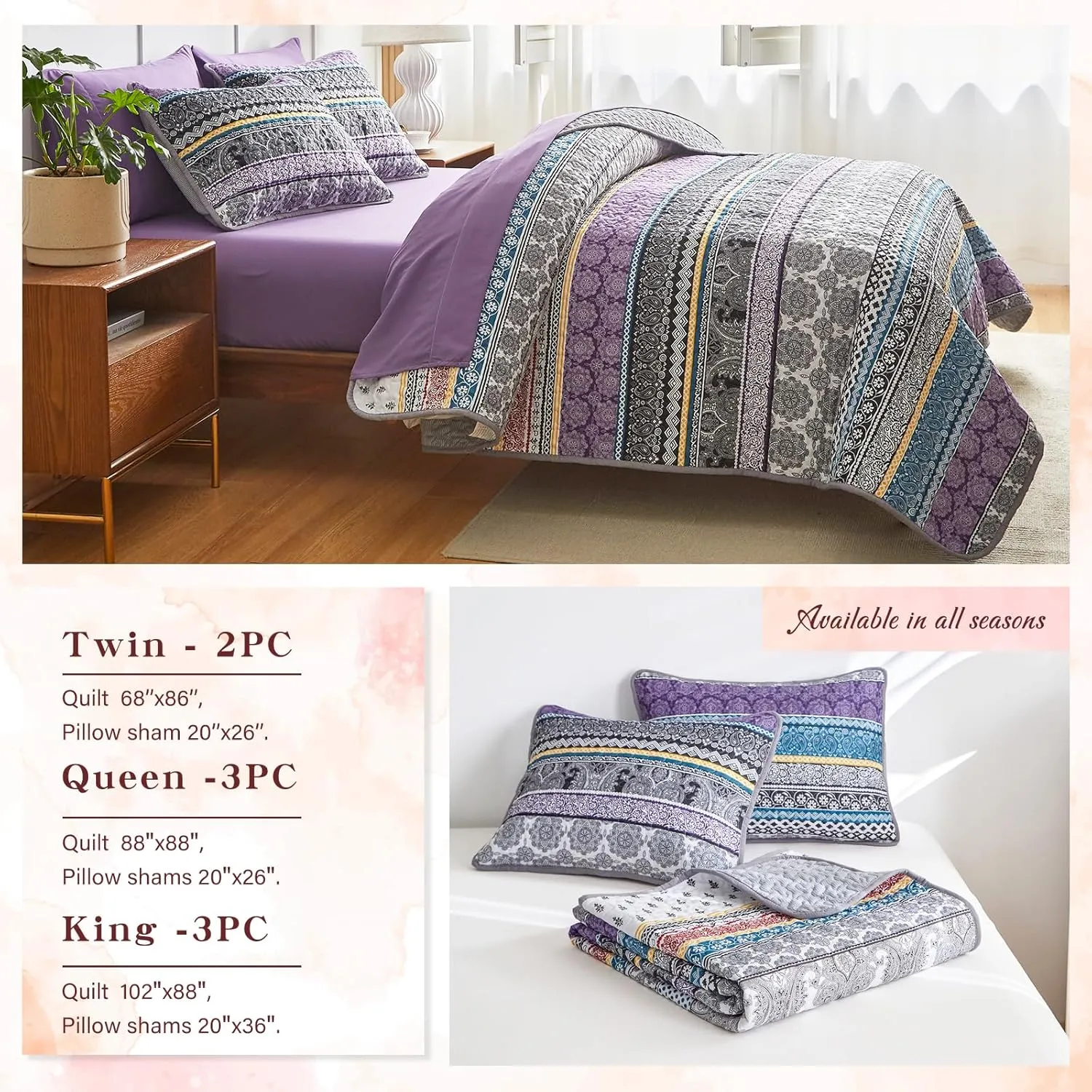 3 Pieces Colorful Bohemian Quilt Set Full Queen Size, Purple n Grey Boho Striped Printed Bedding Bedspread Coverlet Set for Summer, Soft Lightweight Microfiber Quilt with 2 Shams (88x88 inces)