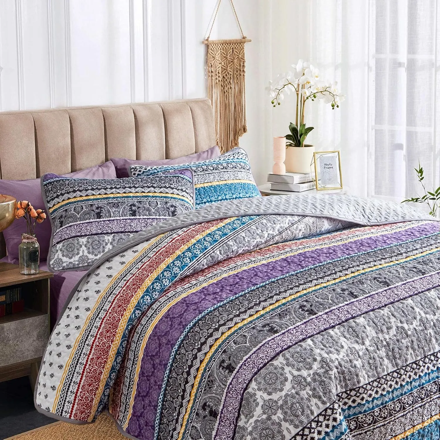 3 Pieces Colorful Bohemian Quilt Set Full Queen Size, Purple n Grey Boho Striped Printed Bedding Bedspread Coverlet Set for Summer, Soft Lightweight Microfiber Quilt with 2 Shams (88x88 inces)