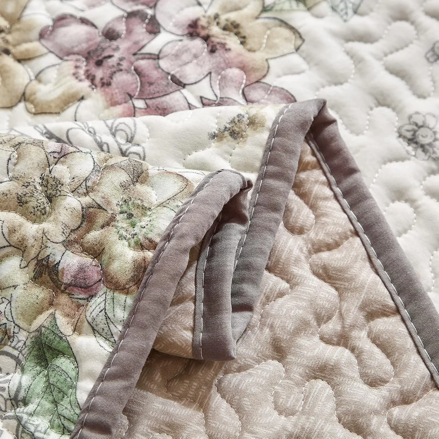 3 Pieces Quilt Set Full/Queen Size, Beige Floral Reversible Bedspread Coverlet Set, Soft Microfiber Lightweight Bed Cover for All Season (90" x 90", 1 Quilt  2 Pillow Shams)