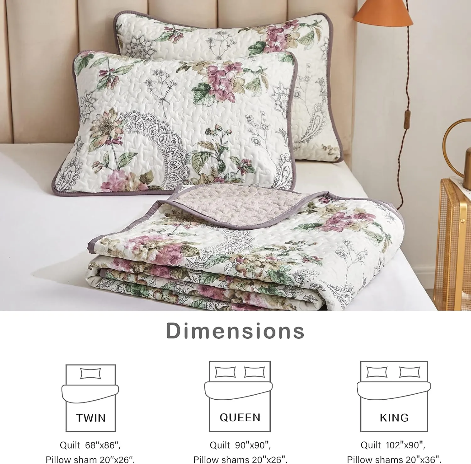 3 Pieces Quilt Set Full/Queen Size, Beige Floral Reversible Bedspread Coverlet Set, Soft Microfiber Lightweight Bed Cover for All Season (90" x 90", 1 Quilt  2 Pillow Shams)