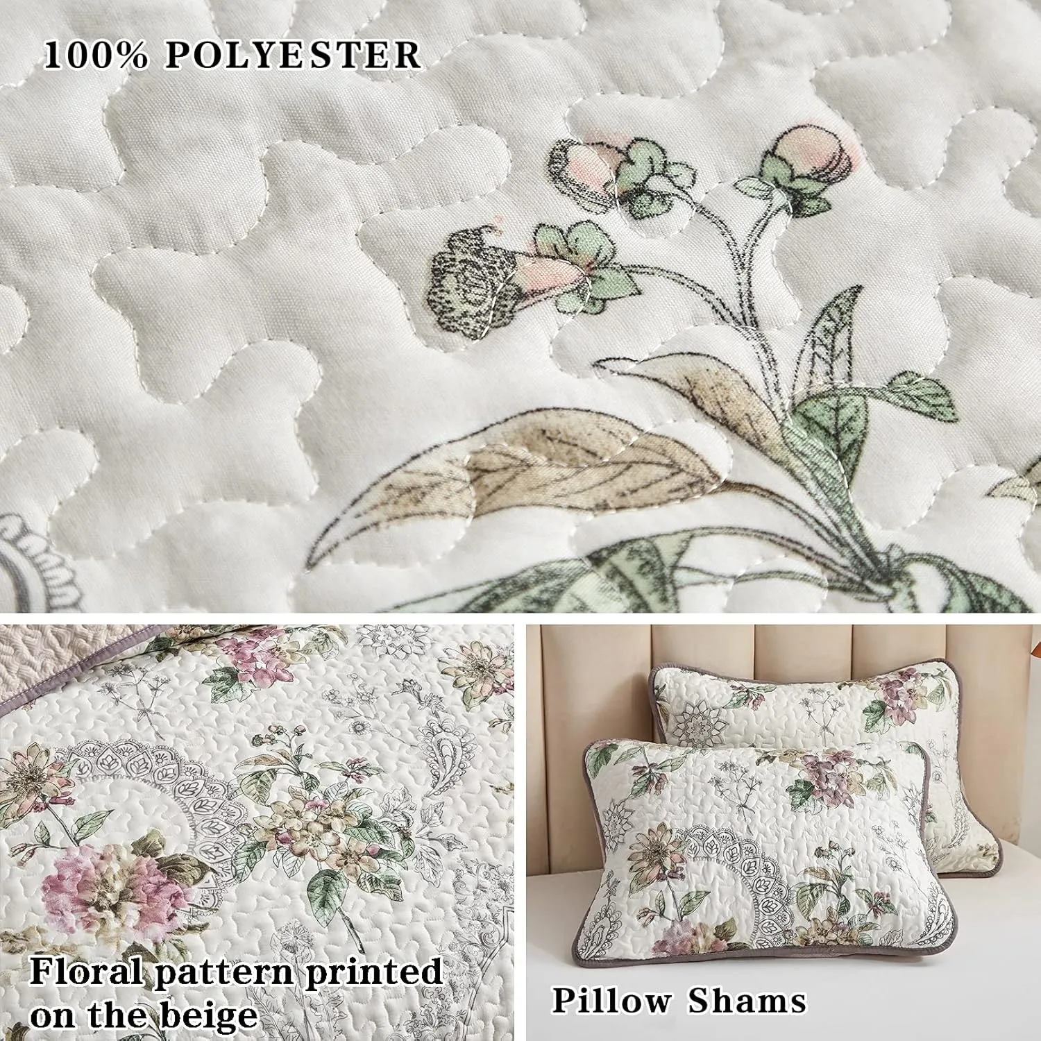 3 Pieces Quilt Set Full/Queen Size, Beige Floral Reversible Bedspread Coverlet Set, Soft Microfiber Lightweight Bed Cover for All Season (90" x 90", 1 Quilt  2 Pillow Shams)