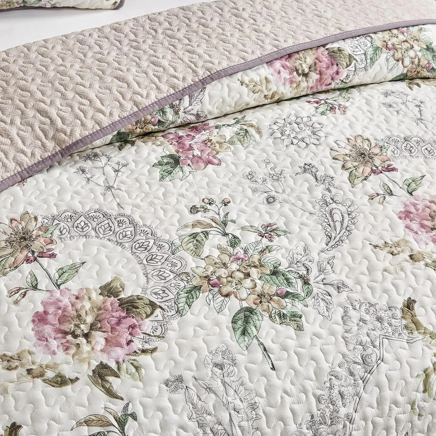 3 Pieces Quilt Set Full/Queen Size, Beige Floral Reversible Bedspread Coverlet Set, Soft Microfiber Lightweight Bed Cover for All Season (90" x 90", 1 Quilt  2 Pillow Shams)
