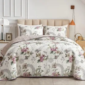3 Pieces Quilt Set Full/Queen Size, Beige Floral Reversible Bedspread Coverlet Set, Soft Microfiber Lightweight Bed Cover for All Season (90" x 90", 1 Quilt  2 Pillow Shams)