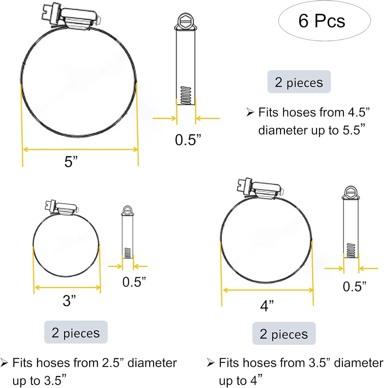 6 Pieces (3" 4 5") Adjustable 304 Stainless Steel Worm Gear Hose Clamps Water Pipe Clamps Assortment Kit Duct Clamps Pipe Clamp worm drive hose clamps (3" 4 5") 