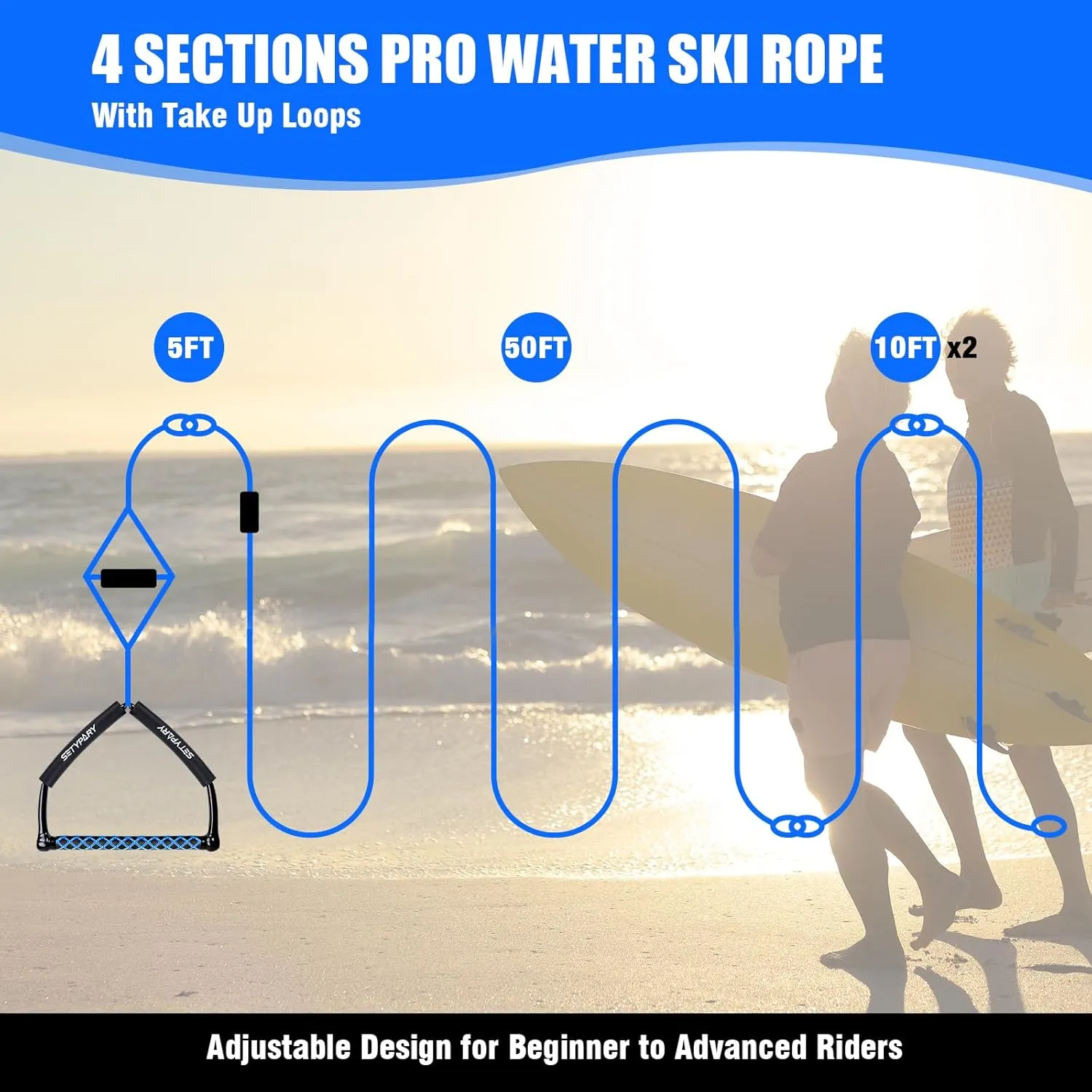 75FT Wakeboard Rope and Handle, Floating Water Ski Rope for Watersports, 4 Sections Ski Ropes for Water Skiing, Kneeboarding, Wakeboarding