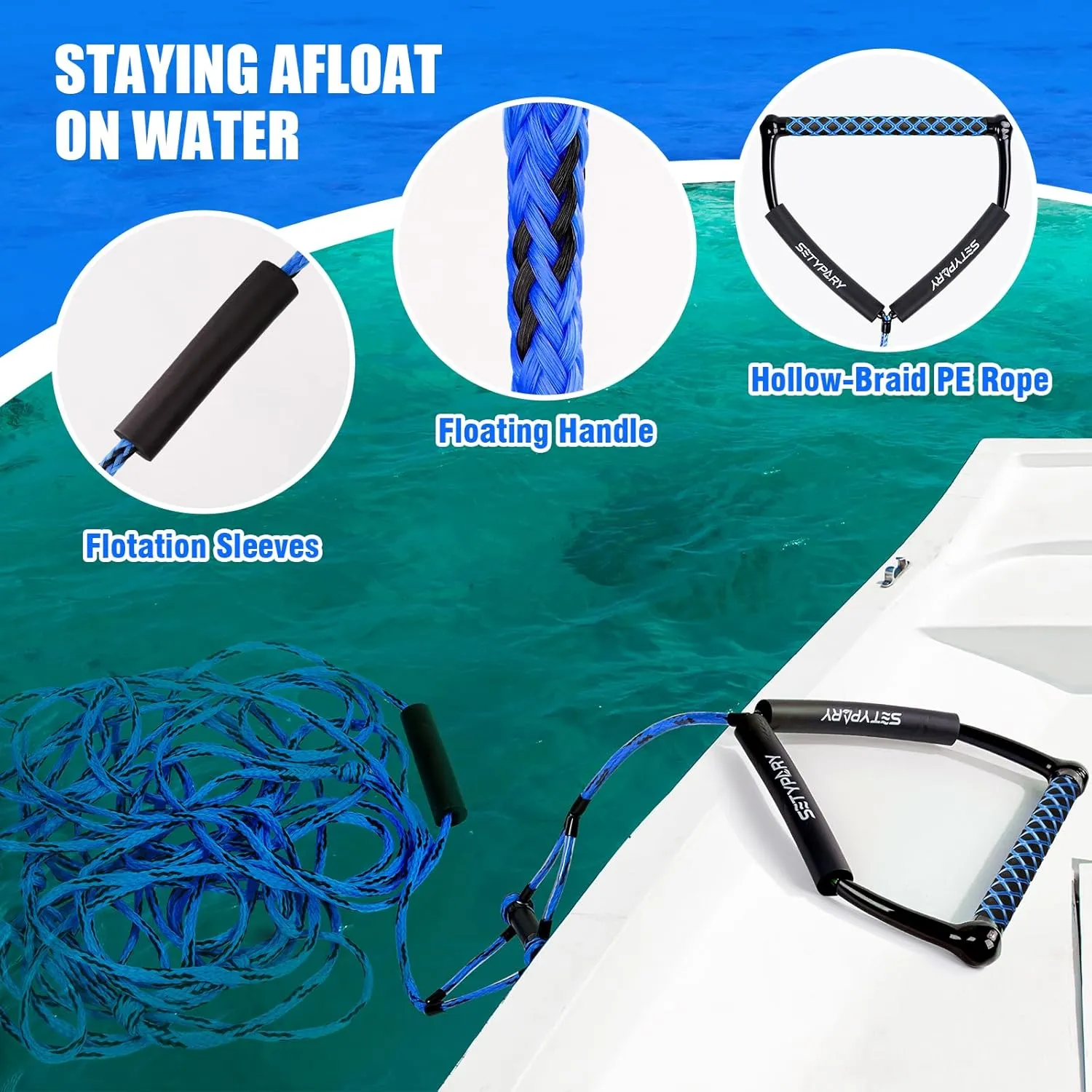 75FT Wakeboard Rope and Handle, Floating Water Ski Rope for Watersports, 4 Sections Ski Ropes for Water Skiing, Kneeboarding, Wakeboarding
