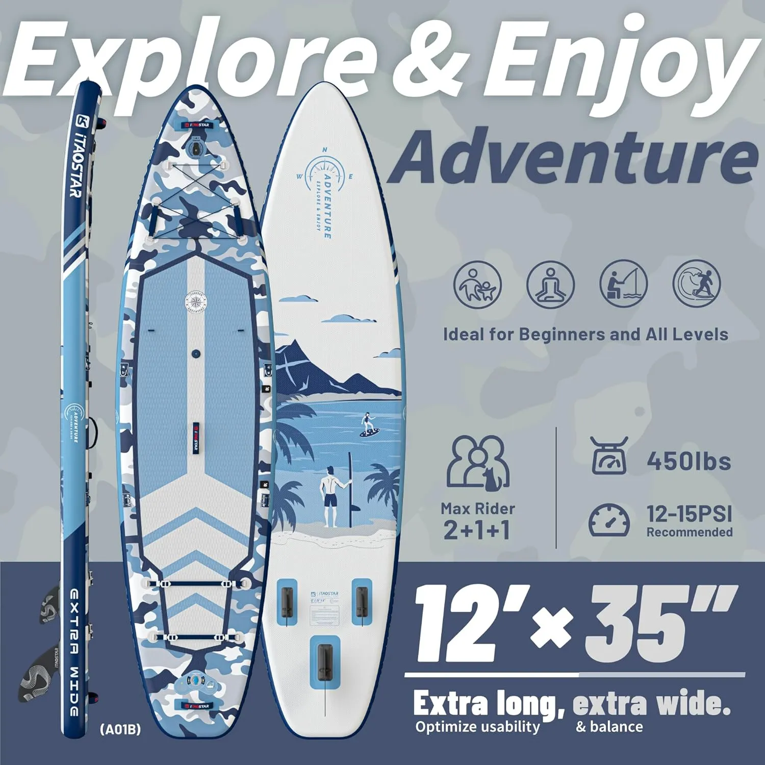 Adventure 1235"/39" Extra Wide Paddle Board with Seat, One-stop Premium SUP Board Accessories, Tailored 5 Fins, Stable Inflatable Stand Up Paddle Boards for Youth/Adults of All Skill Levels
