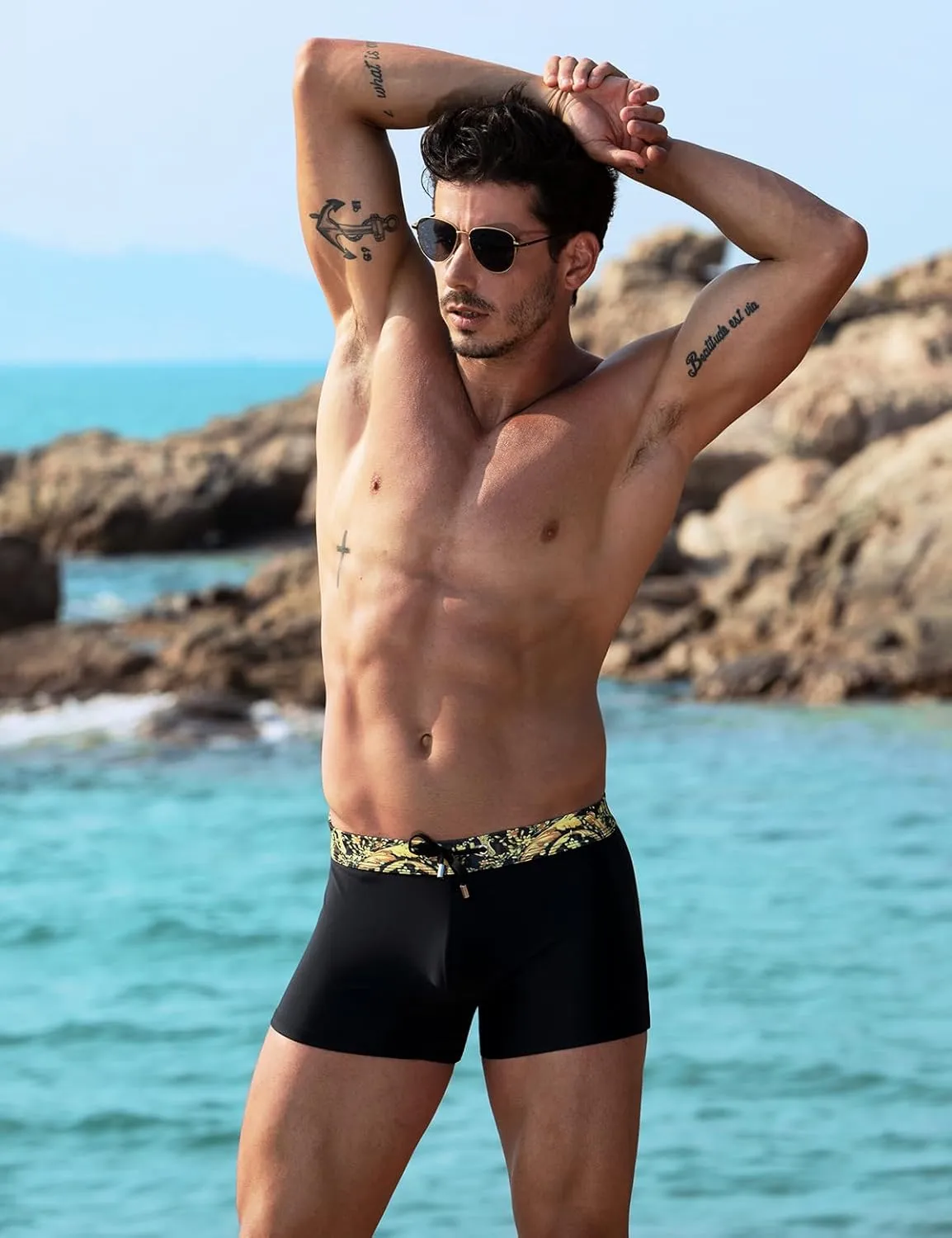 Arjen Kroos Mens Swim Briefs Square Leg Board Short Quick-Dry Swimwear with External Drawstring Stretch Beach Trunks