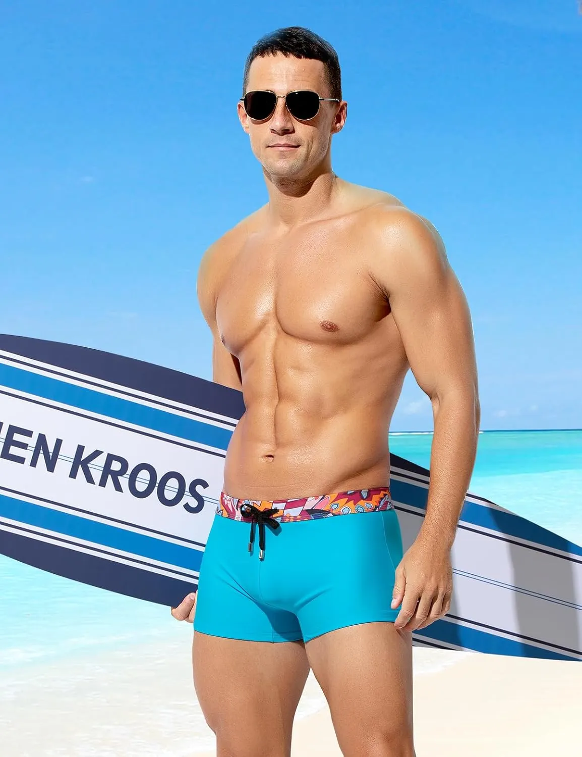 Arjen Kroos Mens Swim Briefs Square Leg Board Short Quick-Dry Swimwear with External Drawstring Stretch Beach Trunks