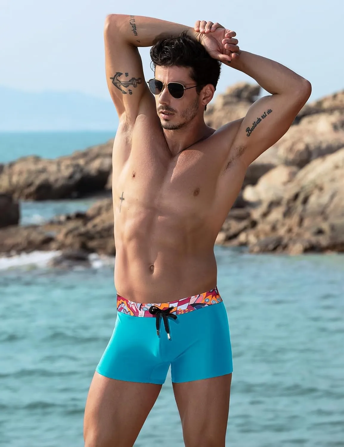 Arjen Kroos Mens Swim Briefs Square Leg Board Short Quick-Dry Swimwear with External Drawstring Stretch Beach Trunks