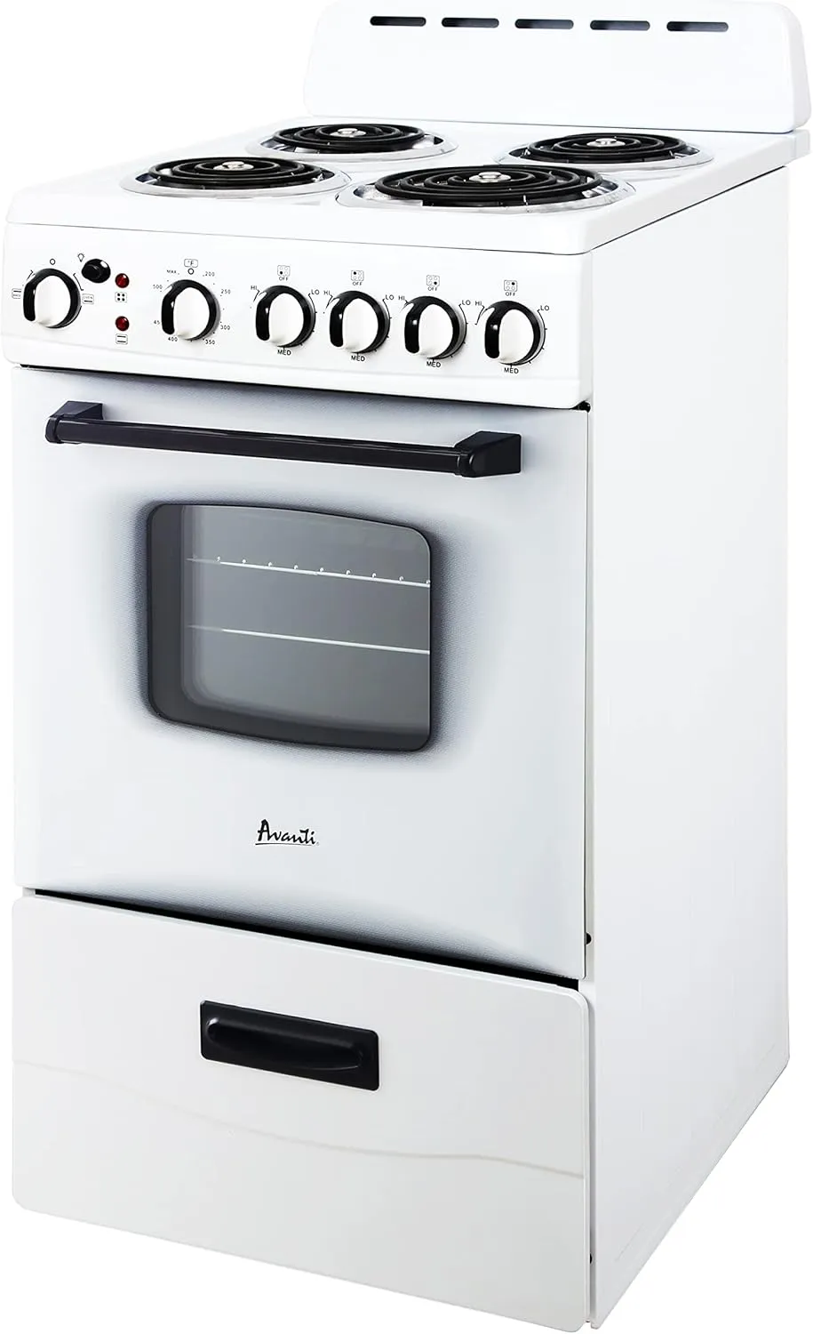 Avanti ERU200P0W Electric Range Oven Compact Design, 2.1-Cu.Ft. Capacity with 4 Coil Burners, Framed Glass Door, Storage Drawer and Broiler with Pan, 20-Inch, White
