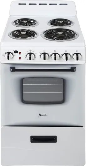 Avanti ERU200P0W Electric Range Oven Compact Design, 2.1-Cu.Ft. Capacity with 4 Coil Burners, Framed Glass Door, Storage Drawer and Broiler with Pan, 20-Inch, White