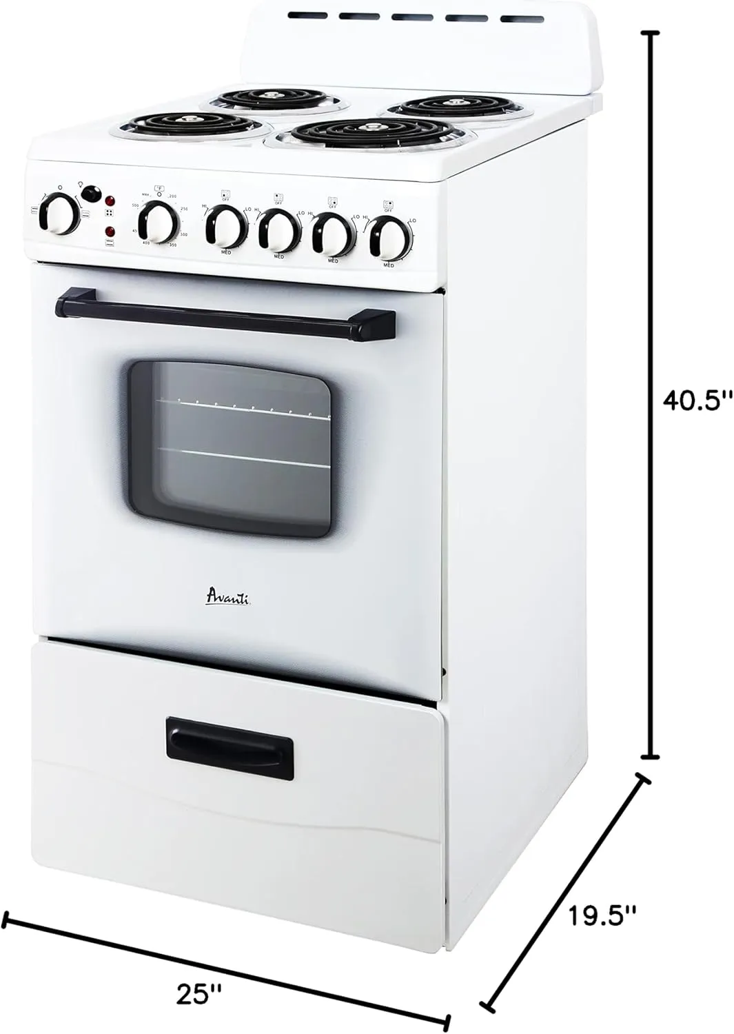 Avanti ERU200P0W Electric Range Oven Compact Design, 2.1-Cu.Ft. Capacity with 4 Coil Burners, Framed Glass Door, Storage Drawer and Broiler with Pan, 20-Inch, White
