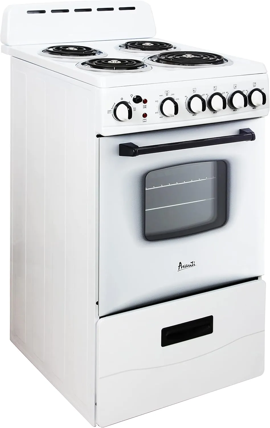 Avanti ERU200P0W Electric Range Oven Compact Design, 2.1-Cu.Ft. Capacity with 4 Coil Burners, Framed Glass Door, Storage Drawer and Broiler with Pan, 20-Inch, White