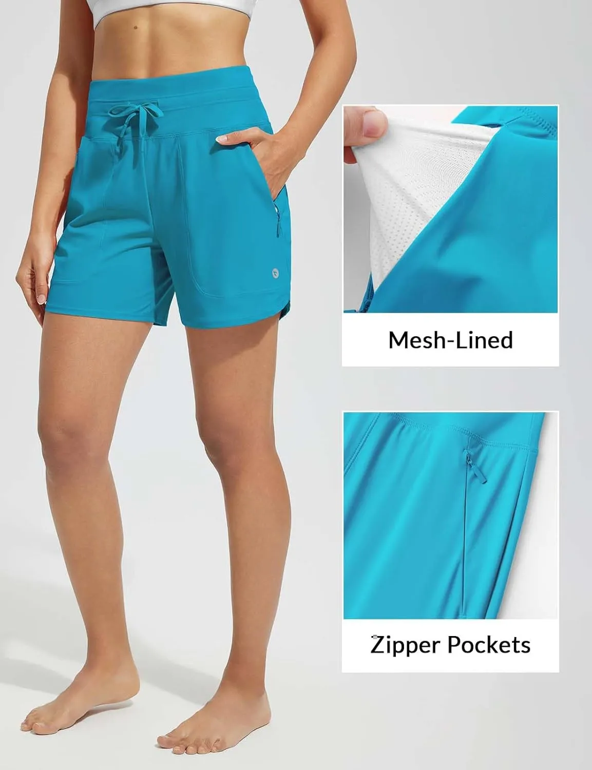 baleaf Women's 5" Swim Board Shorts High Waisted Quick Dry UPF 50  Swimsuit Swimming Bottoms with Boxer Liner Zipper Pockets