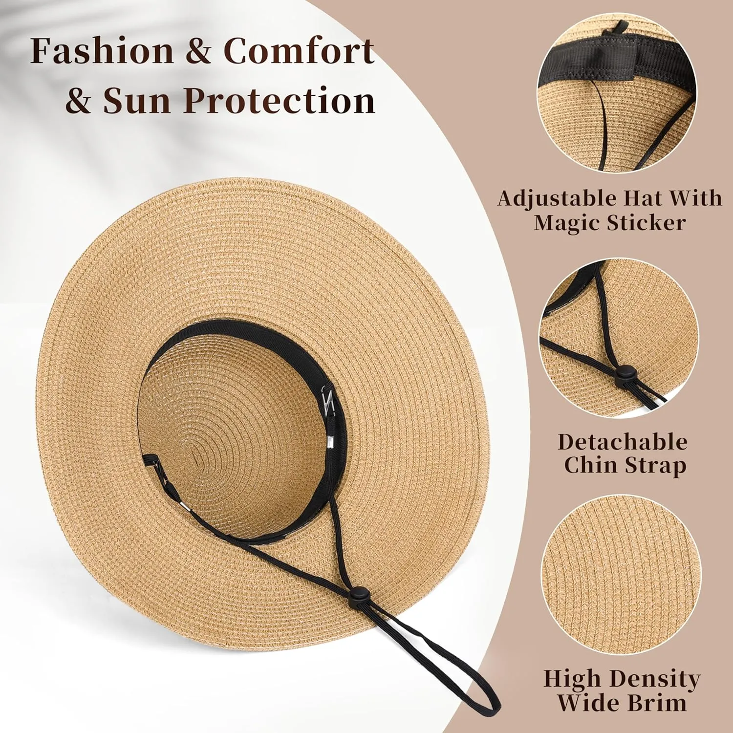 Beach Sun Hats for Women - Wide Brim Straw Womens Summer Hat with Wind Lanyard Roll Up, Foldable Beach Hat UV Protection