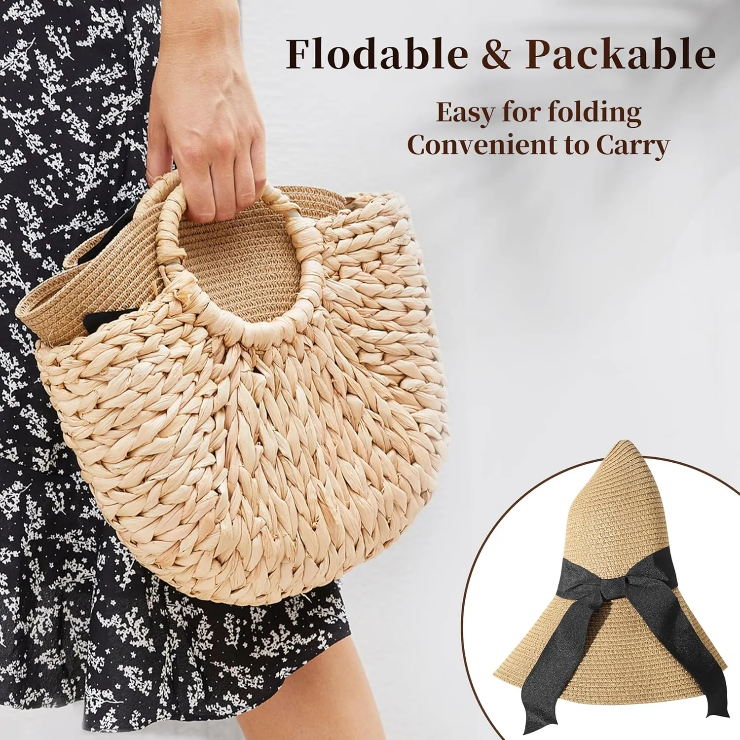 Beach Sun Hats for Women - Wide Brim Straw Womens Summer Hat with Wind Lanyard Roll Up, Foldable Beach Hat UV Protection