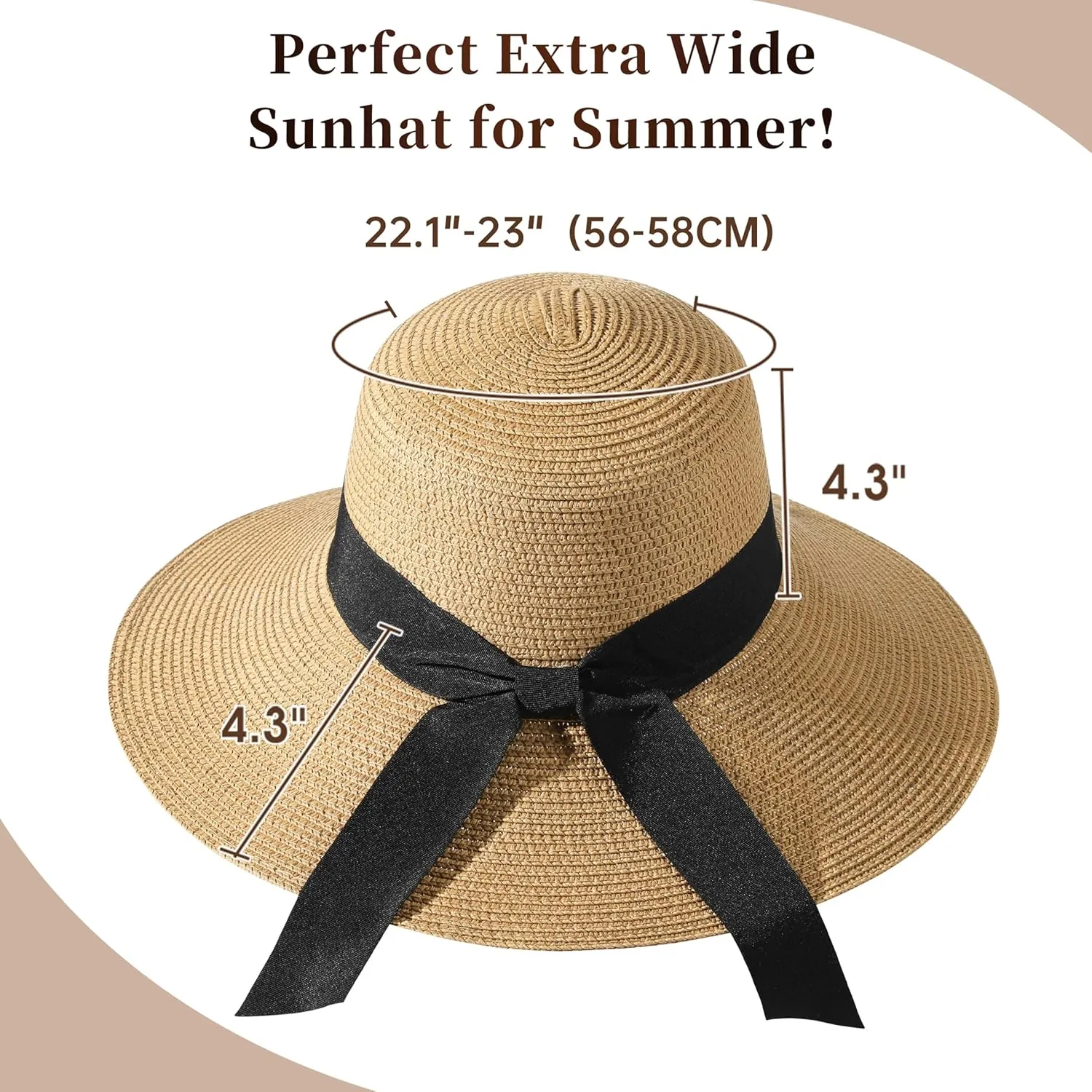Beach Sun Hats for Women - Wide Brim Straw Womens Summer Hat with Wind Lanyard Roll Up, Foldable Beach Hat UV Protection