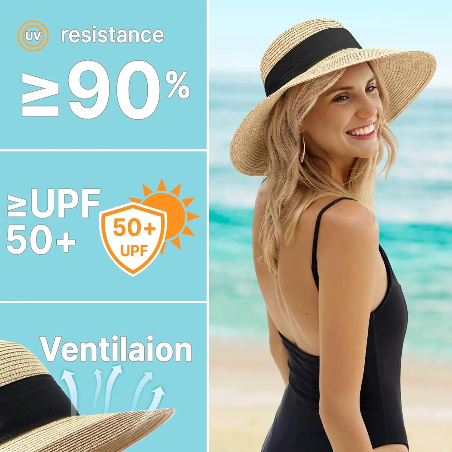 Beach Sun Hats for Women - Wide Brim Straw Womens Summer Hat with Wind Lanyard Roll Up, Foldable Beach Hat UV Protection