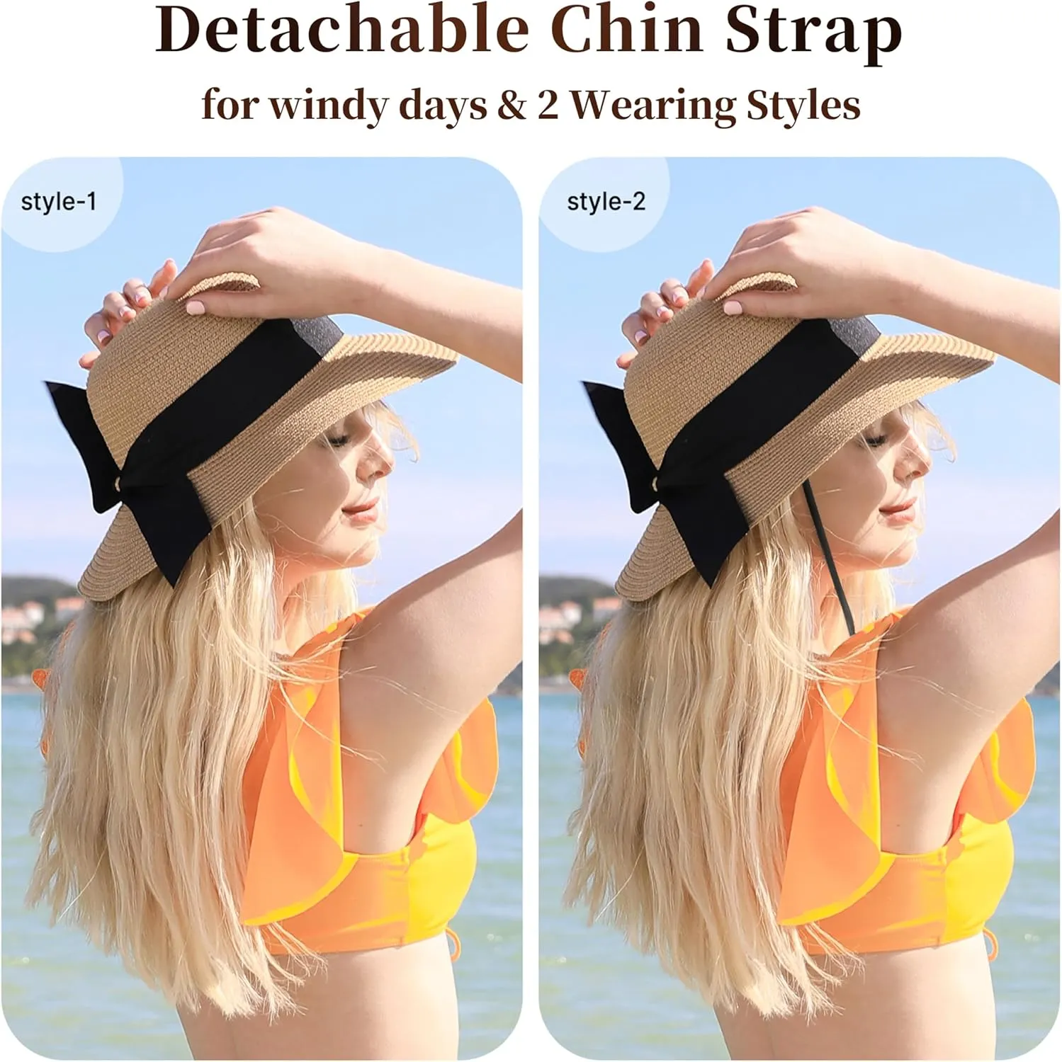 Beach Sun Hats for Women - Wide Brim Straw Womens Summer Hat with Wind Lanyard Roll Up, Foldable Beach Hat UV Protection