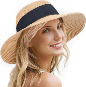 Beach Sun Hats for Women - Wide Brim Straw Womens Summer Hat with Wind Lanyard Roll Up, Foldable Beach Hat UV Protection