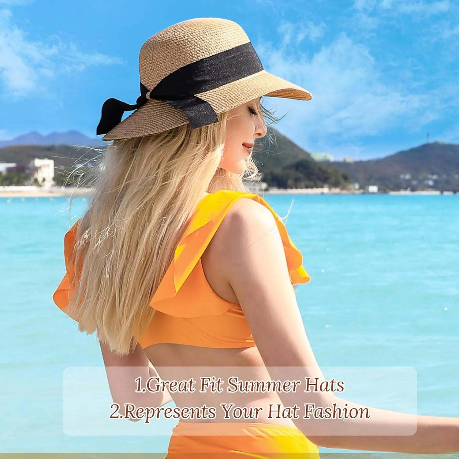 Beach Sun Hats for Women - Wide Brim Straw Womens Summer Hat with Wind Lanyard Roll Up, Foldable Beach Hat UV Protection