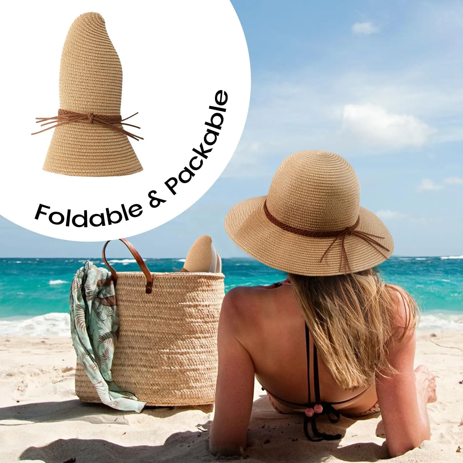 Beach Sun Straw Hats for Women, UPF 50  UV Sun Protection Wide Brim Summer Straw Hat Foldable Packable Roll up Cap