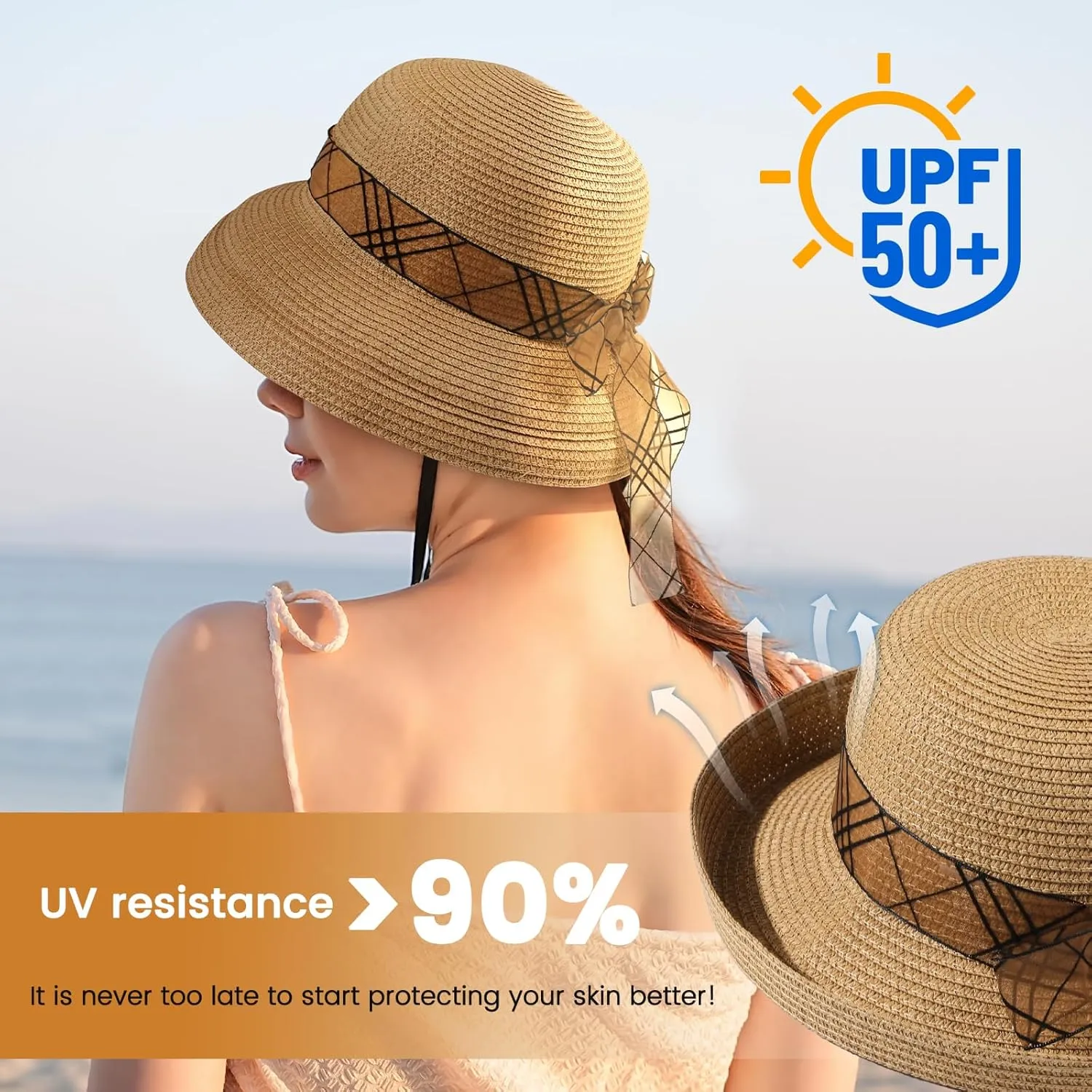 Beach Sun Straw Hats for Women, UPF 50  UV Sun Protection Wide Brim Summer Straw Hat Foldable Packable Roll up Cap