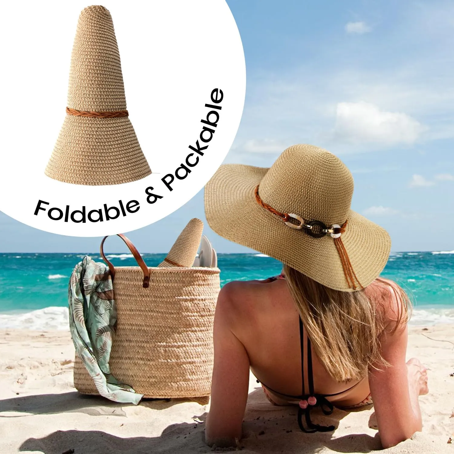 Beach Sun Straw Hats for Women, UPF 50  UV Sun Protection Wide Brim Summer Straw Hat Foldable Packable Roll up Cap