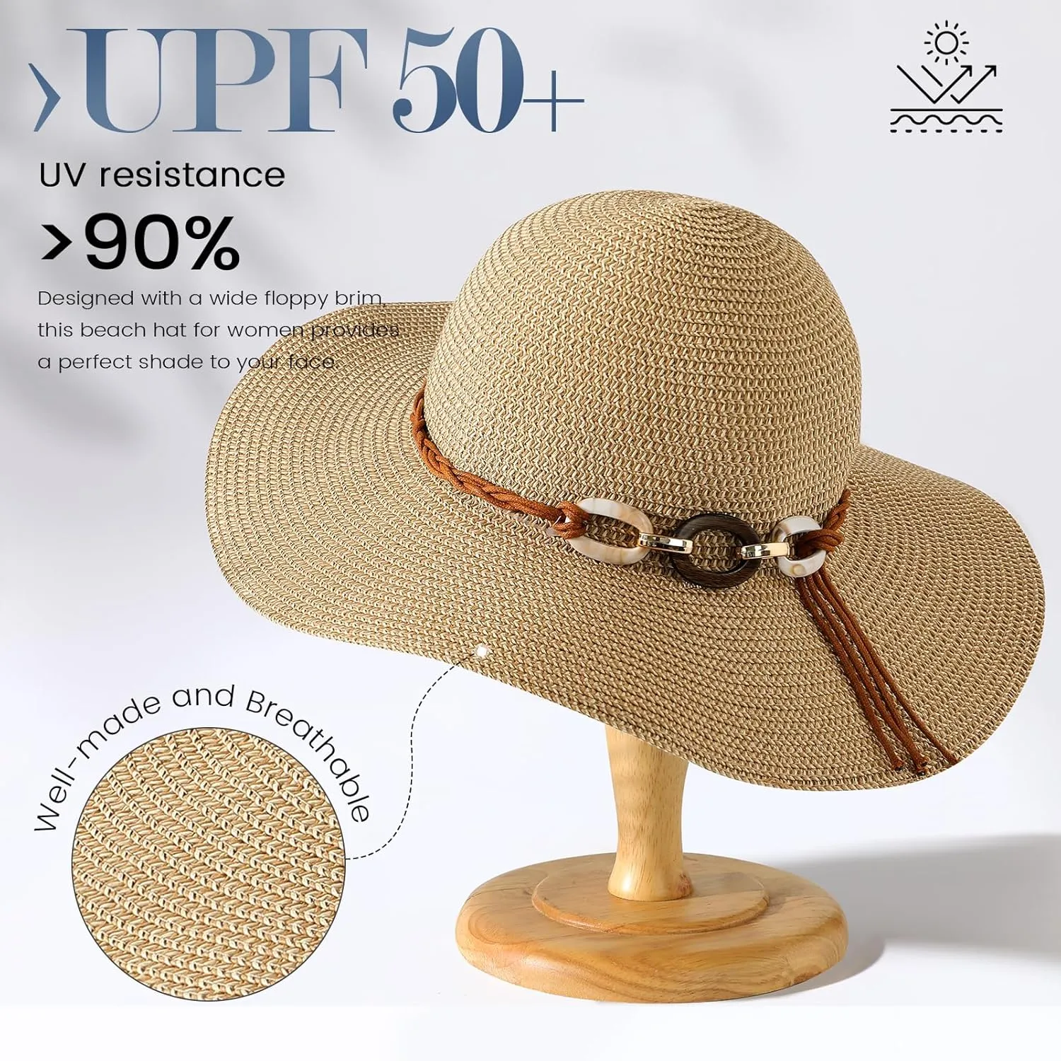 Beach Sun Straw Hats for Women, UPF 50  UV Sun Protection Wide Brim Summer Straw Hat Foldable Packable Roll up Cap
