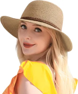 Beach Sun Straw Hats for Women, UPF 50  UV Sun Protection Wide Brim Summer Straw Hat Foldable Packable Roll up Cap