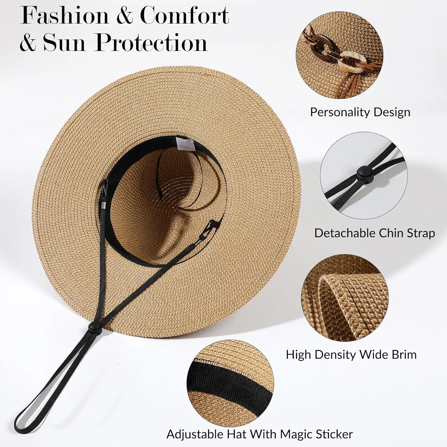 Beach Sun Straw Hats for Women, UPF 50  UV Sun Protection Wide Brim Summer Straw Hat Foldable Packable Roll up Cap
