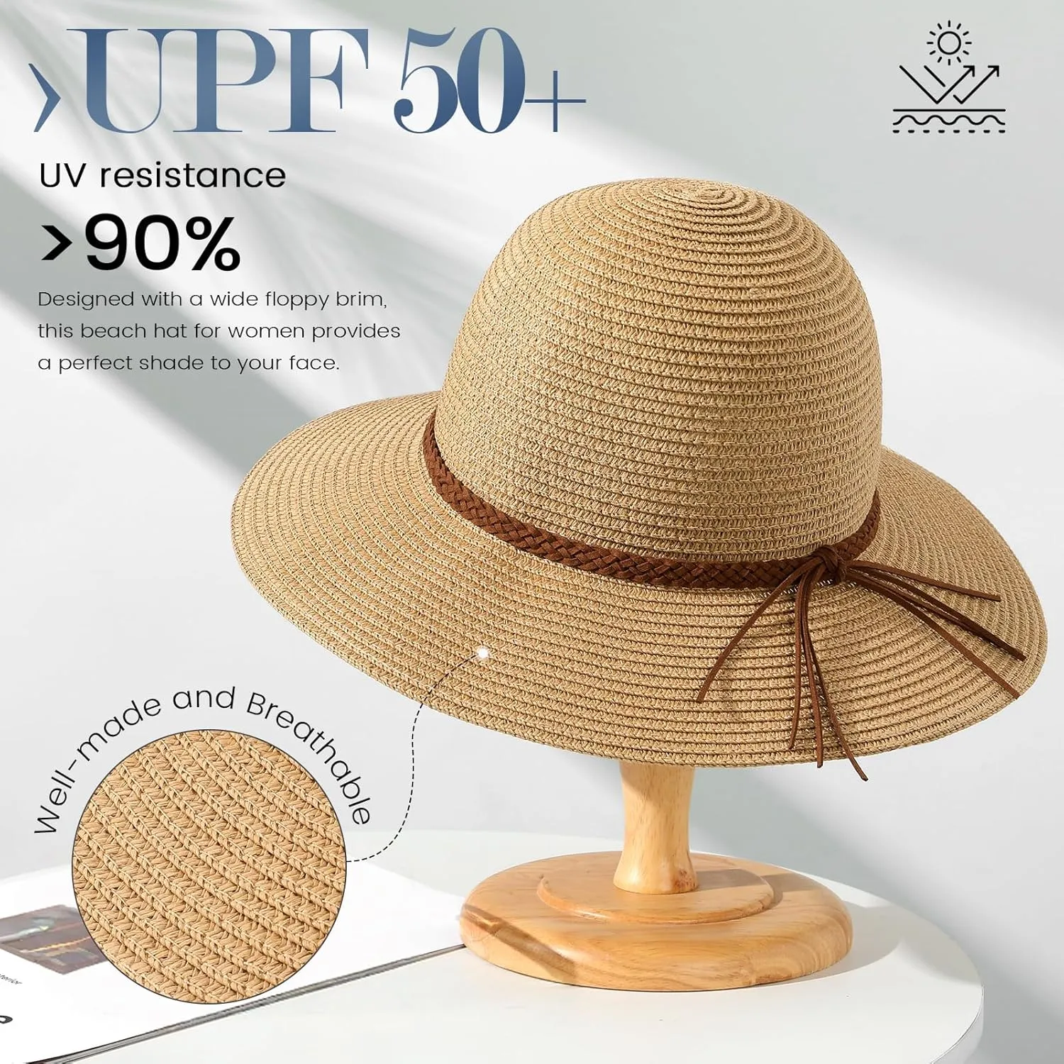 Beach Sun Straw Hats for Women, UPF 50  UV Sun Protection Wide Brim Summer Straw Hat Foldable Packable Roll up Cap