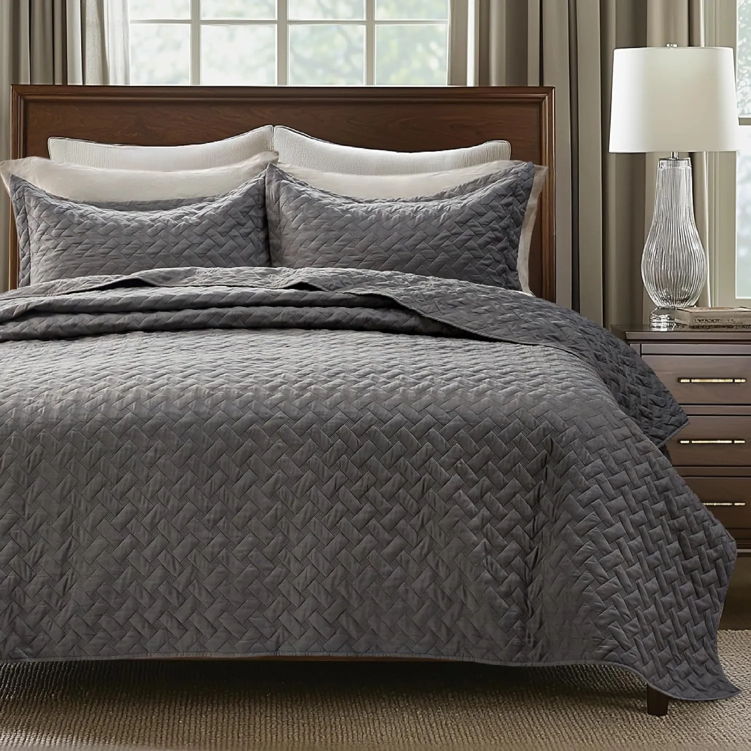 Bedsure Quilts Queen Size - Lightweight Bedspreads Queen Size with Basket Weave Pattern, Soft Quilt Bedding Set, Grey Comforter Set Coverlet for All Seasons with 2 Pillow Shams