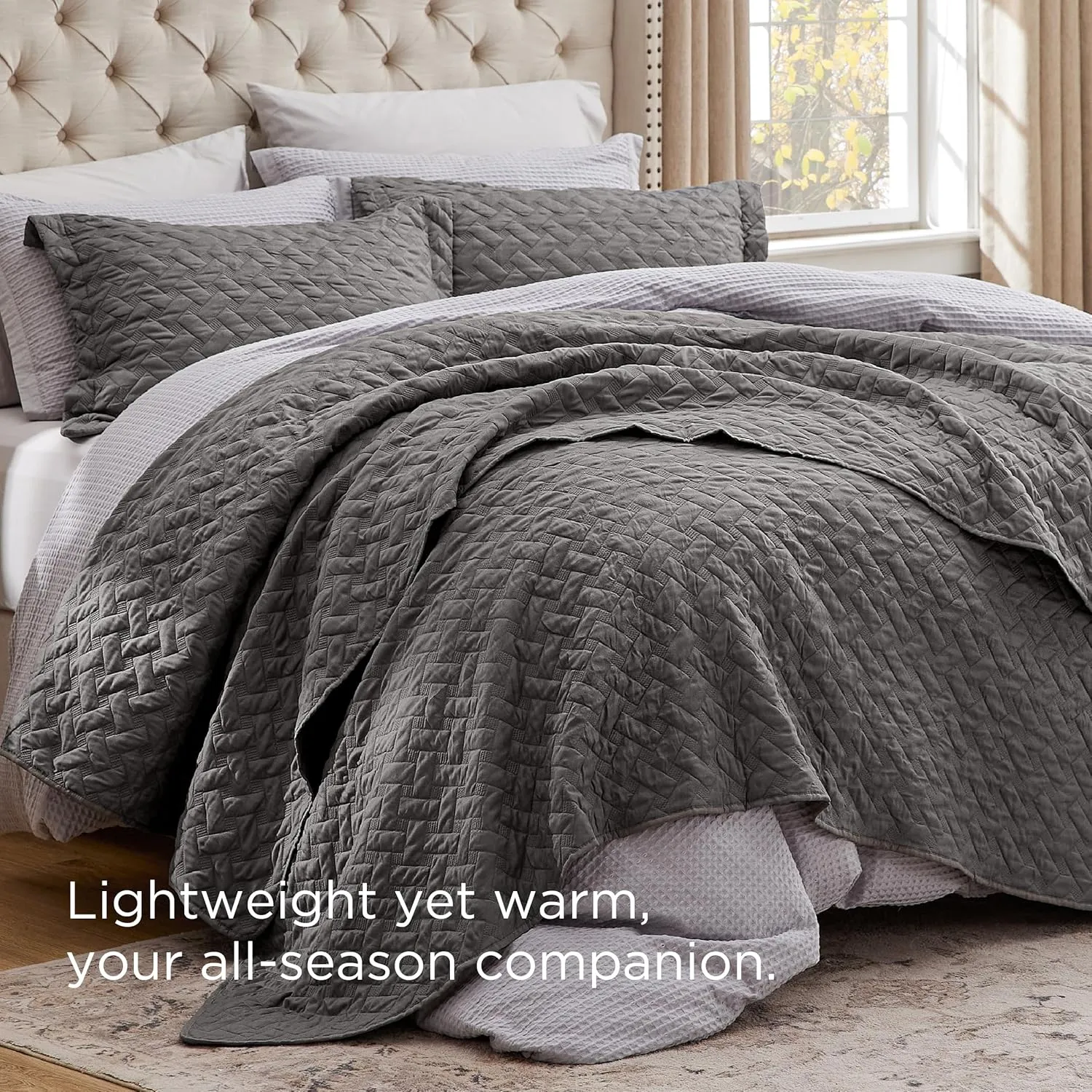 Bedsure Quilts Queen Size - Lightweight Bedspreads Queen Size with Basket Weave Pattern, Soft Quilt Bedding Set, Grey Comforter Set Coverlet for All Seasons with 2 Pillow Shams