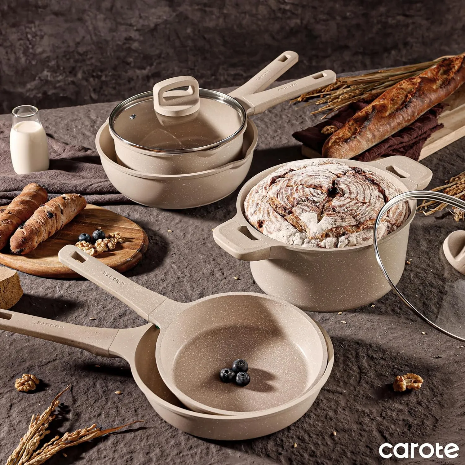 CAROTE 12pcs Pots and Pans Set Non Stick, Taupe Nonstick Cookware Set, Frying pans with lids, Kitchen Essentials Pot and Pan, Induction Cookware