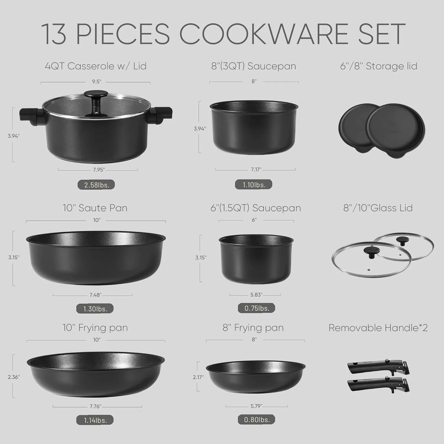 CAROTE 13pcs Pots and Pans Set Non Stick, Cookware Set Detachable Handle, Nonstick Induction Kitchen Cookware Non Stick with Removable Handle, RV Cookware Set, Oven Safe Cook Ware Set, Black