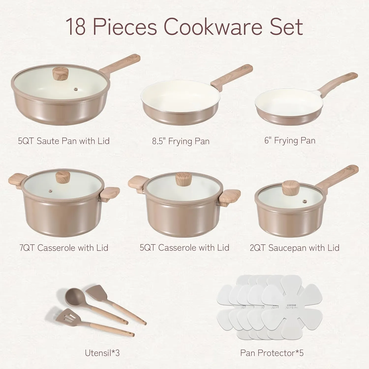 CAROTE 18Pcs Ceramic Pots and Pans Set Non Stick, Healthy Cookware Set, PFAS/PFOA Free, Kitchen Cooking Set with Frying Pans, Taupe