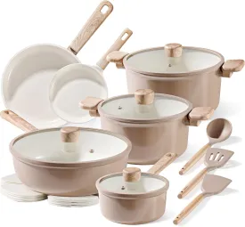 CAROTE 18Pcs Ceramic Pots and Pans Set Non Stick, Healthy Cookware Set, PFAS/PFOA Free, Kitchen Cooking Set with Frying Pans, Taupe