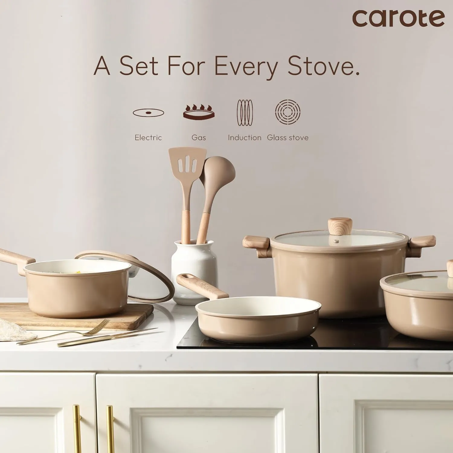 CAROTE 18Pcs Ceramic Pots and Pans Set Non Stick, Healthy Cookware Set, PFAS/PFOA Free, Kitchen Cooking Set with Frying Pans, Taupe