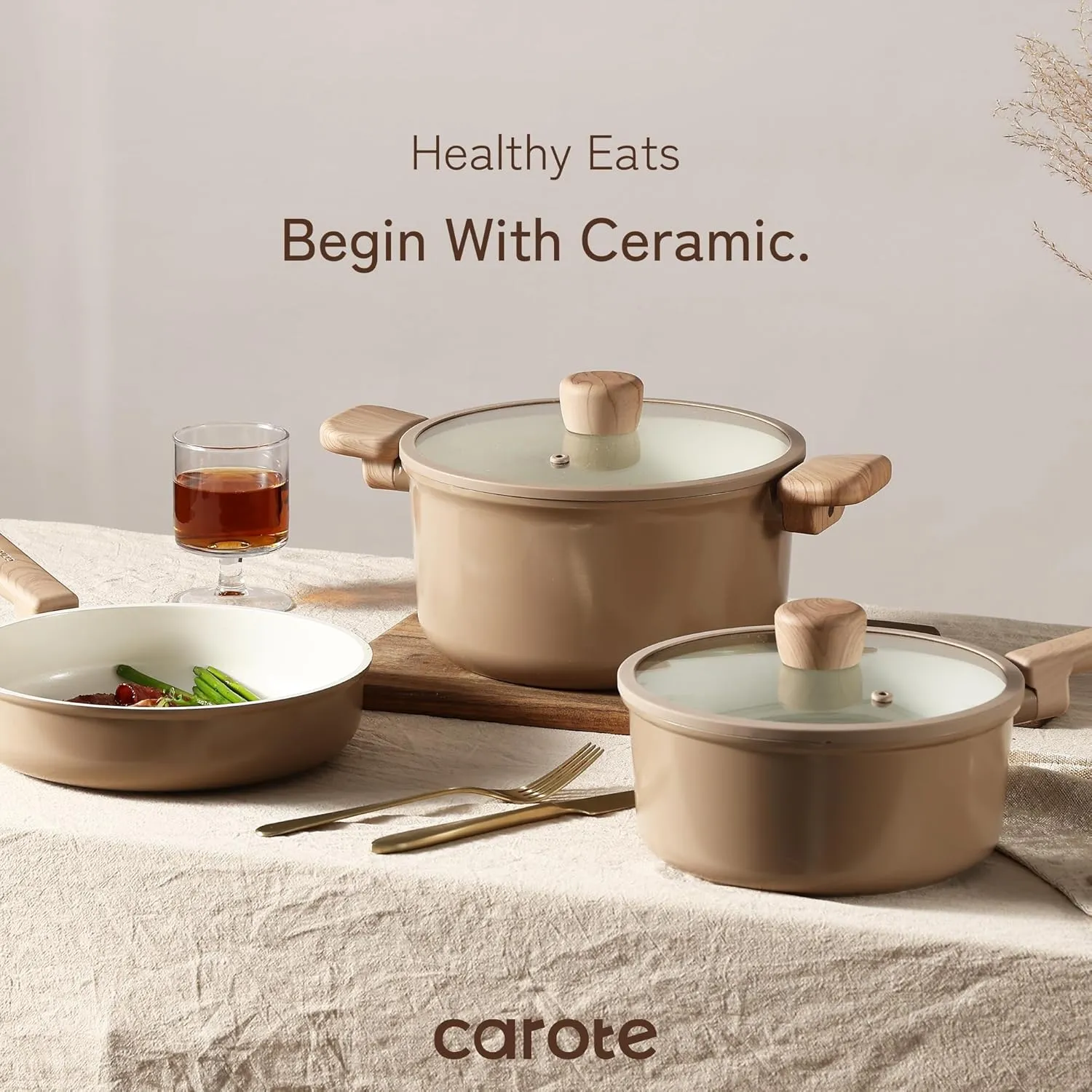 CAROTE 18Pcs Ceramic Pots and Pans Set Non Stick, Healthy Cookware Set, PFAS/PFOA Free, Kitchen Cooking Set with Frying Pans, Taupe