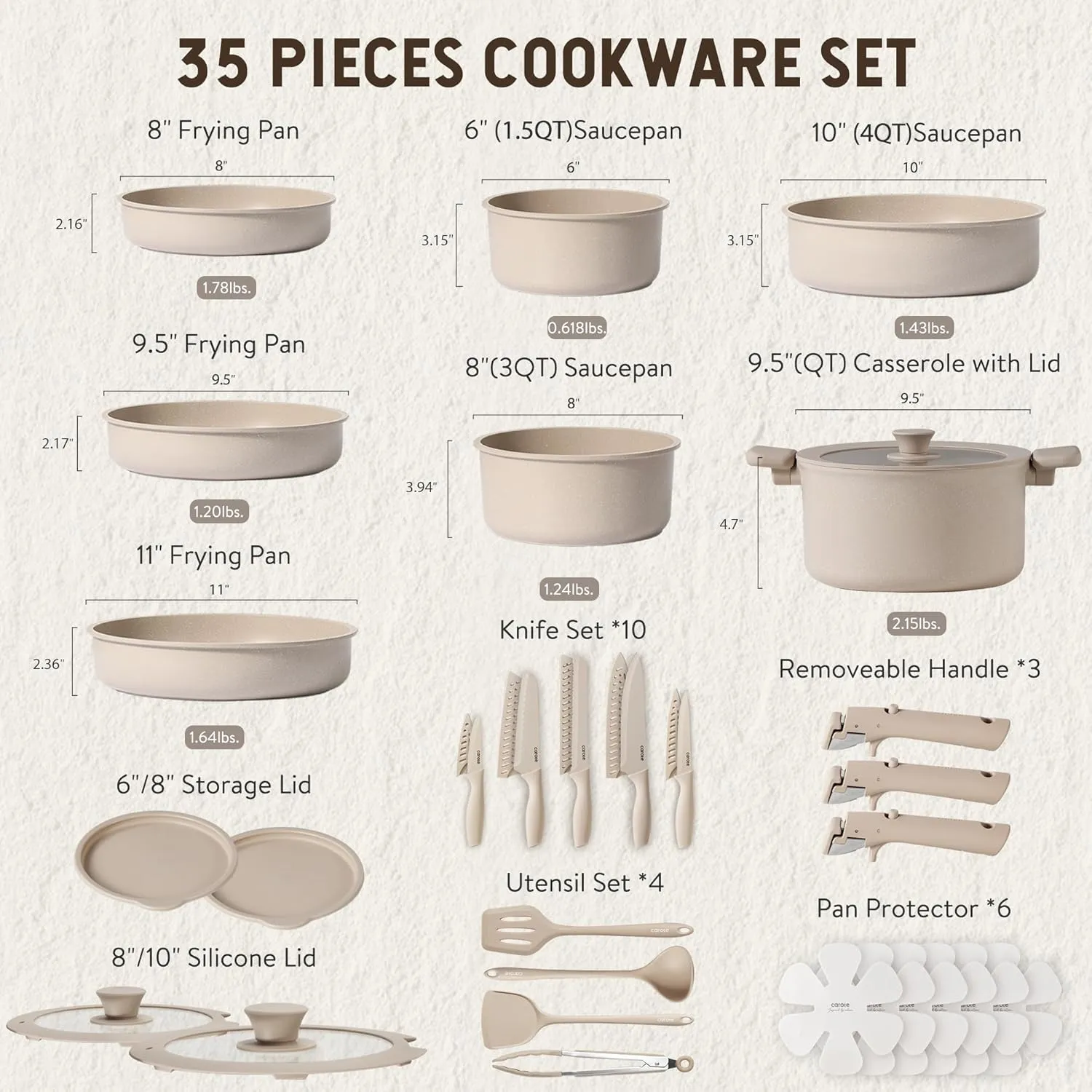 CAROTE 33pcs Pots and Pans Set Non Stick, Cookware Set, Removable Handle Pots and Pans Nonstick, RV Oven Safe Cookware, Induction Kitchen Cookware Set, Knife Set, Taupe