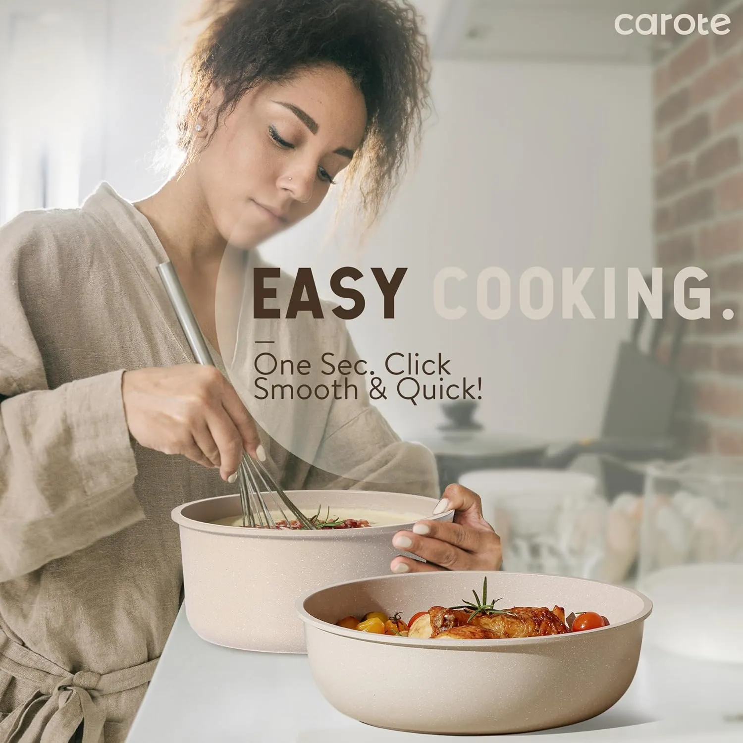 CAROTE 33pcs Pots and Pans Set Non Stick, Cookware Set, Removable Handle Pots and Pans Nonstick, RV Oven Safe Cookware, Induction Kitchen Cookware Set, Knife Set, Taupe